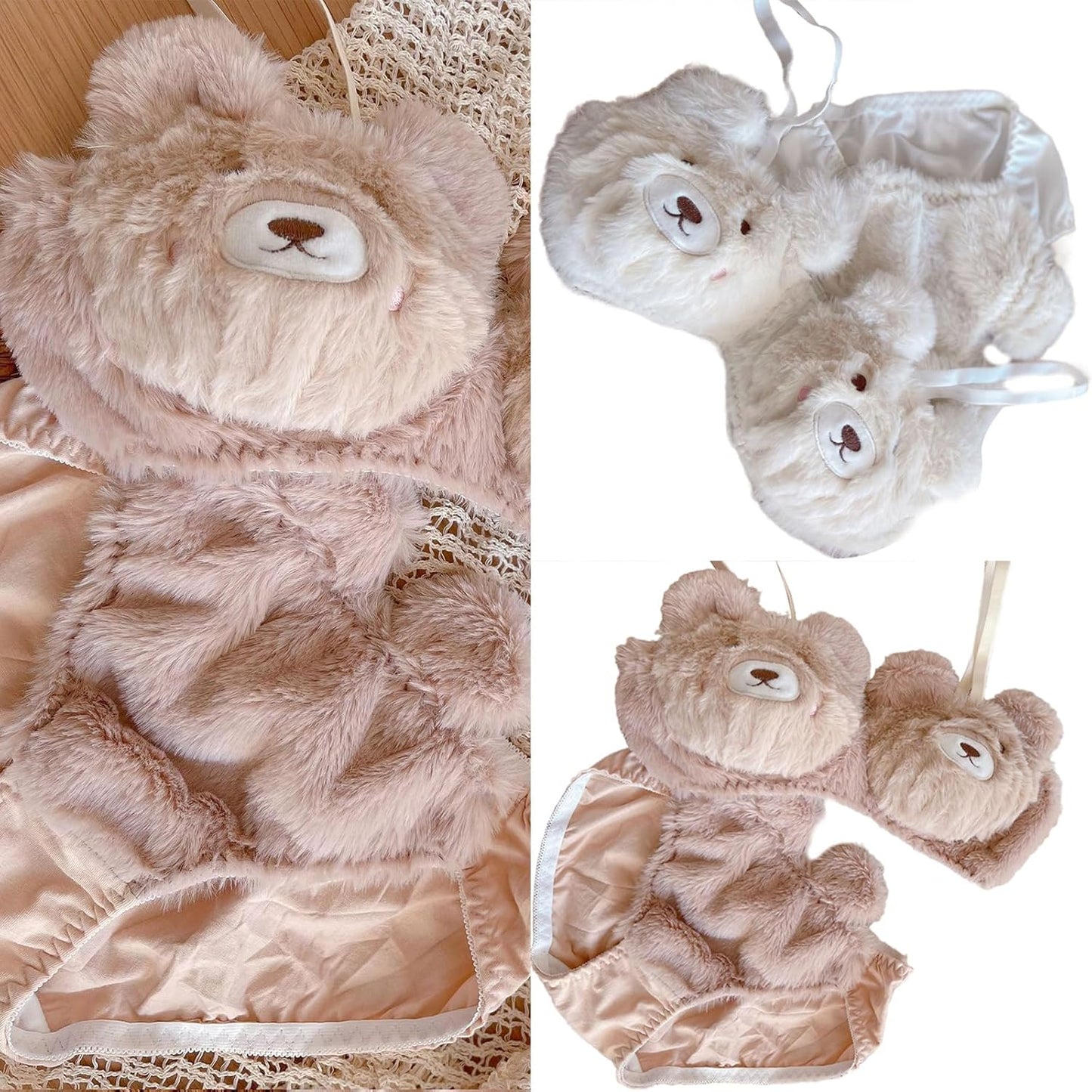 Womens Sweet Bear 2Pcs Plush Bra and Panty Set 