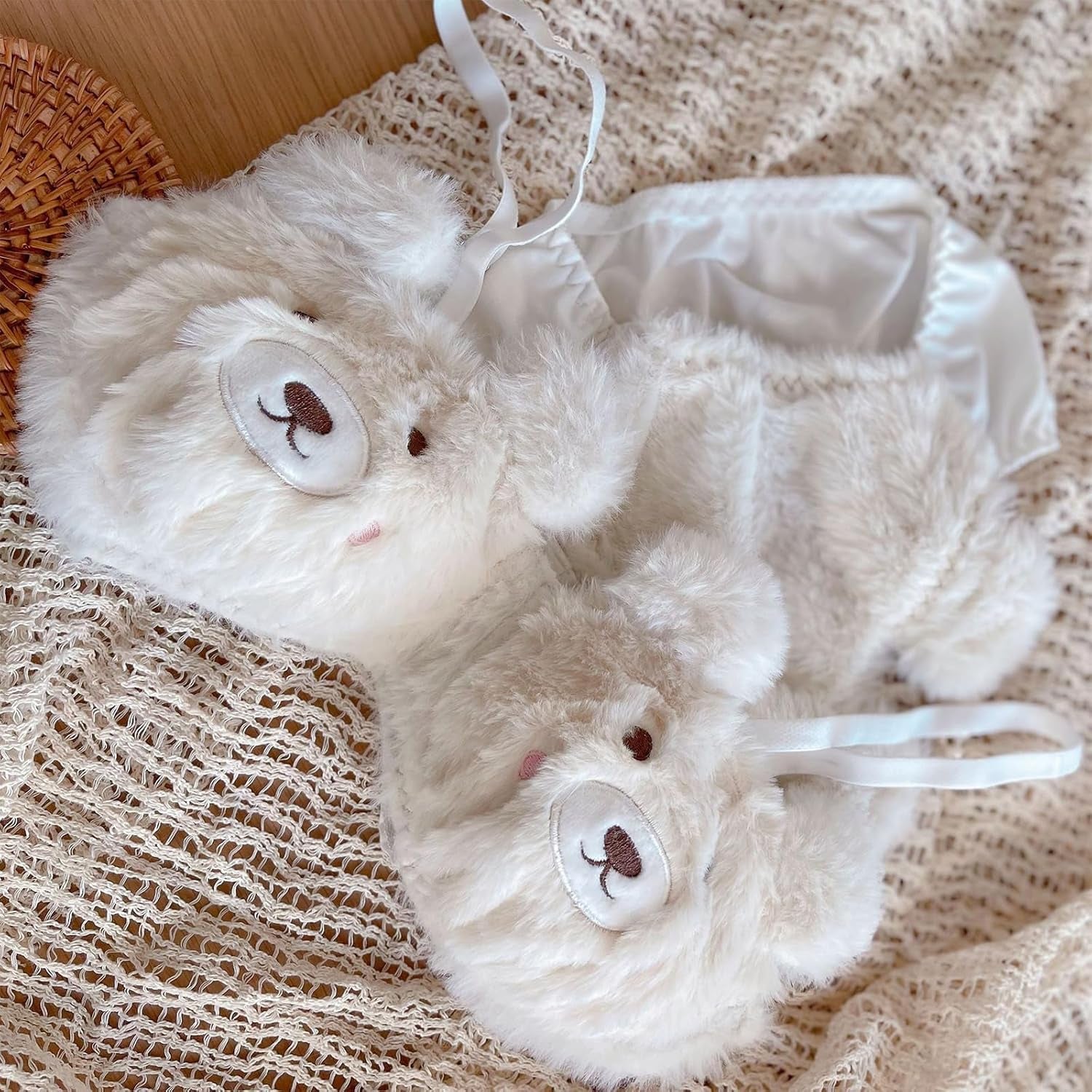 Womens Sweet Bear 2Pcs Plush Bra and Panty Set 