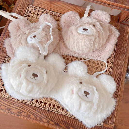 Womens Sweet Bear 2Pcs Plush Bra and Panty Set 