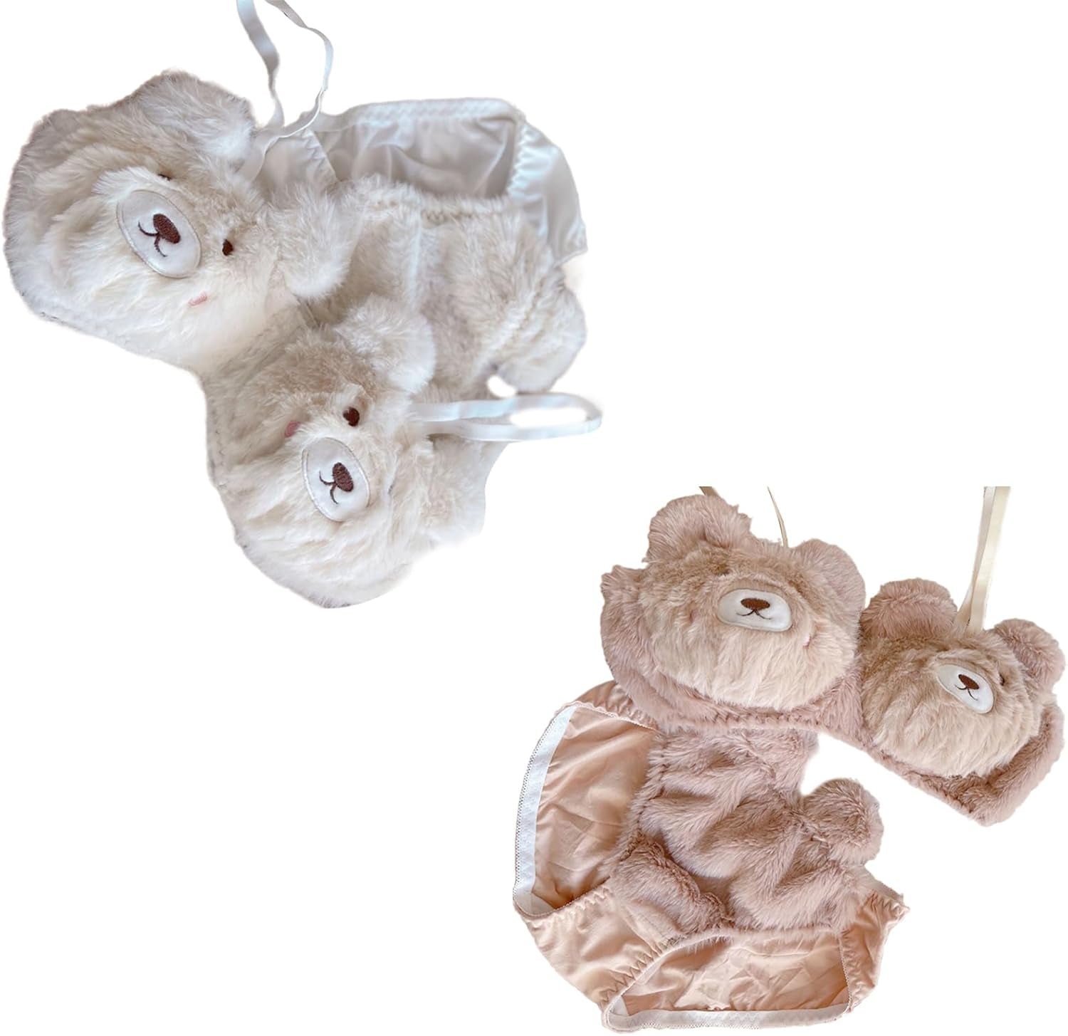 Womens Sweet Bear 2Pcs Plush Bra and Panty Set 