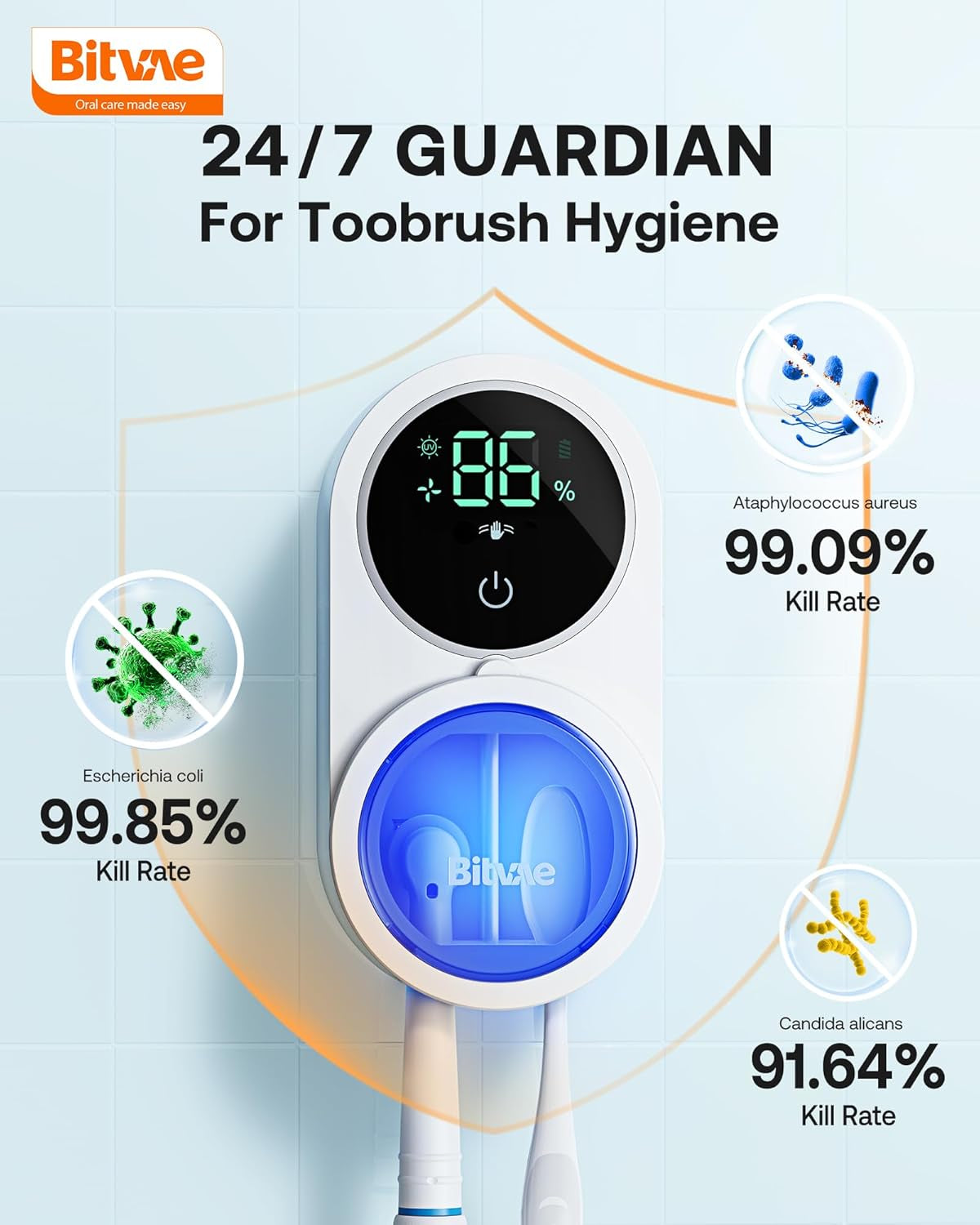 Toothbrush Cleaner for Bathroom, LED Smart Screen, Cleaning and Air Drying